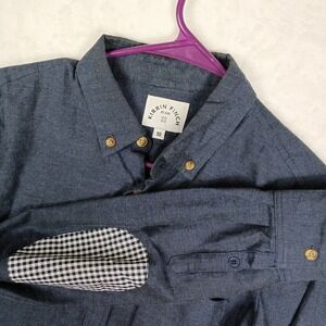Kirrin Finch Navy Blue Cotton Button Down Shirt Gingham Elbow Patches Size 10